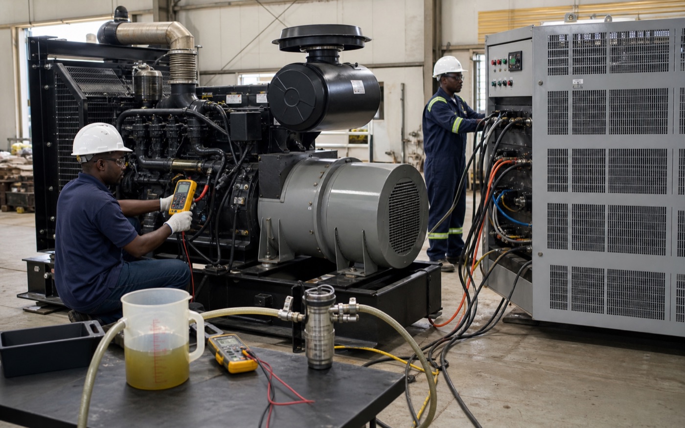 Diesel generator fuel-consumption and load-test measurement scene
