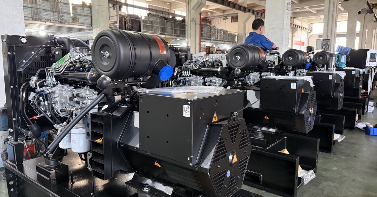 Real generator assembly line showing engines and alternators for spare parts and service reference